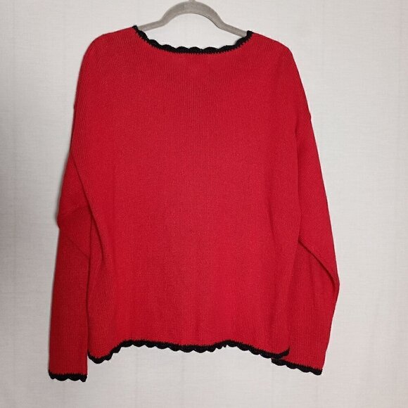 Ugly Christmas Cardigan Sweater Red & Black Crochet Trim Rami Cotton Blend Sz LG - Picture 9 of 11